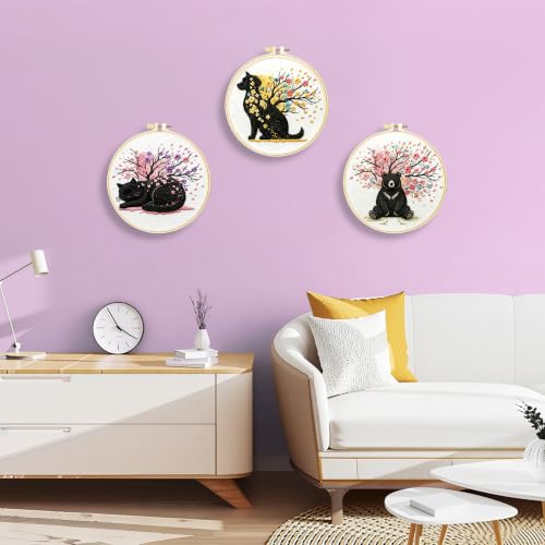 Huacan Embroidery Kit for Adults Beginners with 3 Hoops & Gift Box - color: Cherry Blossom Animals