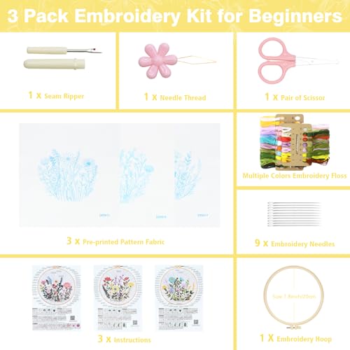 RidaaFri Embroidery Kit for Beginners, Set of 3 Flower Pattern Practice Kit