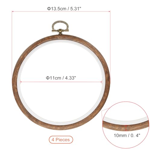 PATIKIL 4inch Embroidery Hoop, 4pcs Cross Stitch Hoop Rubber Imitated Wood Circle Frame Ring for Embroidery Art Craft Sewing Ornaments Hanging Decoration - size: 4in