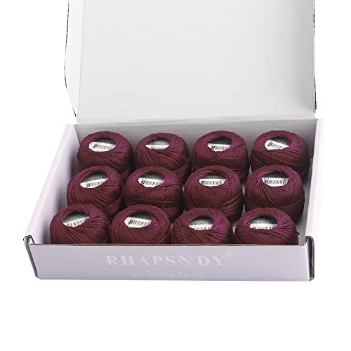 Rhapsody Pearl Cotton Thread Size 8 Crochet Thread Perle 12 Balls Set Hand Knitting, Embroidery, Sashiko, Cross-Stitch, Sewing, Needlepoint, DIY, Quilting (DK Garnet, Col. 122) - color: DK Garnet, Col. 122