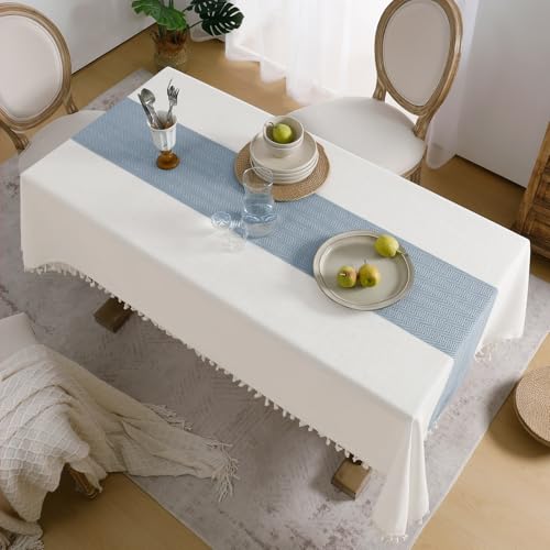 Softalker Outdoor Linen Rectangle Tablecloth with Tassel, 55 x 84 Inch - color: Blue Stripe, size: 55" x 84" (Rectangular)