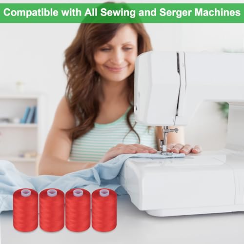 Simthread All Purpose Sewing Thread, 4 Spools Each 1000 Yards of Polyester Threads for Sewing Machine, Sewing Machine Supplies for Beginners, Hand Stitching, Quilting, Serger (Red) - color: Red