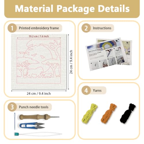 Doodlream African Savanna Needle Kit for Beginner, 9.4"x 9.4" Sunset Lion Punch Stitching Craft Set, Color DIY Embroidery Starter with Printed Frame, Instruction, Threader, Yarn, Pinch Needle - color: Savanna
