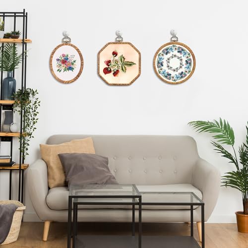 Oqqlin 9 Pcs Embroidery Hoop Frame, 4 Shapes Large Imitated Wood Cross Stitch Hoop Ring with Scissors Display Decorative Embroidery Hoops for DIY Arts, Crafts, Sewing, Hanging Ornaments Decor