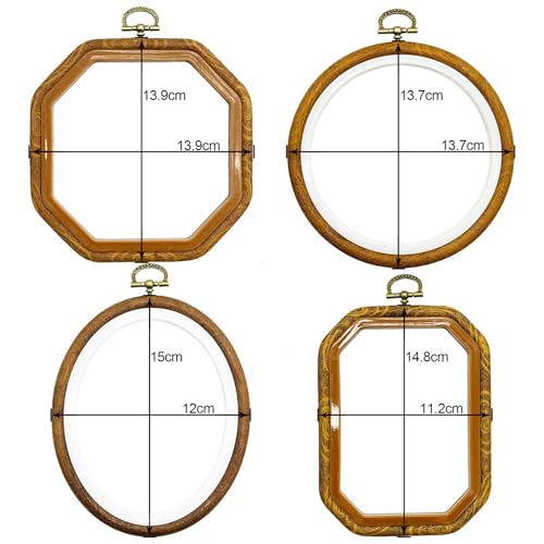 4 Sizes Imitated Wood Multiple Shapes Embroidery Hoop Set Plastic Circle Cross Stitch Hoop Rings for DIY Craft Sewing, Small Faux Wooden Embroidery Hoop Including 16pcs Gold Eye Sewing Needles - style: 4 Sizes Shape Imitated Wood