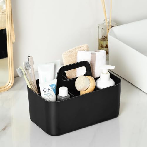Multiuse Caddy Organizer with Handle, Portable Divided Plastic Tote Bin - Art Craft, Stationary Pen Marker Crayons, Makeup Hair Supplies Storage - Bathroom, Classroom, Dorm, Office, Desk Holder -Black - color: Black