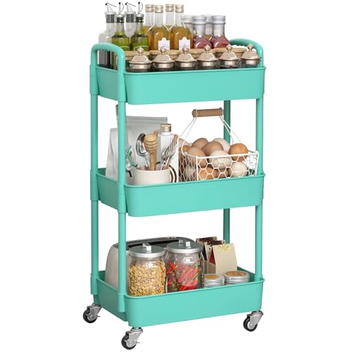 Sywhitta 3-Tier Plastic Rolling Utility Cart with Wheels for Storage, Green - color: Green, size: 3-tier