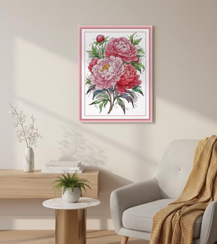 CaptainCrafts Cross Stitch Kits Flowers Stamped Printed Fabric Cross Stitching DIY Needlepoint Embroidery Kit for Adults - color: Peony flowers, style: Stamped
