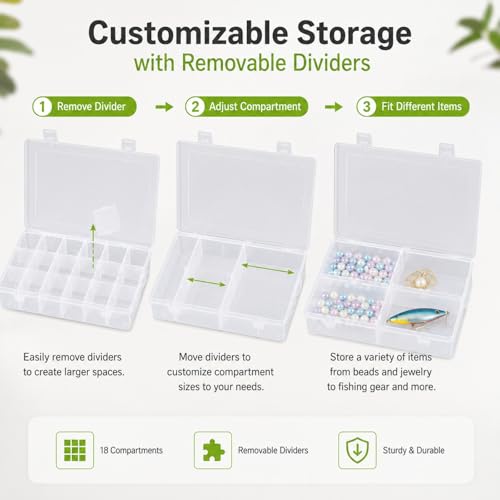 APACALI 6 Pack Plastic Organizer Box with Dividers, 18 Grids Clear Tackle Box Organizer, Adjustable Compartment Storage Boxes for Beads, Jewelry, Crafts, Fishing Lures, Screws and Small Parts - color: 18 Grids - 6PCS