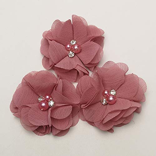 Chenkou Craft Pac.k of 12pcs Chiffon Flowers Ribbon Bows W/Beads 2-3/8" (60mm) Appliques Wedding Decor Bulk Lots (Lt. Mauve) - color: Lt. Mauve