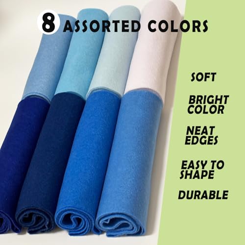 Blue White 8 Assorted Soft Felt Sheets Fabric, Each 8'' x 36'' 1.6mm Thick - color: Blue Series