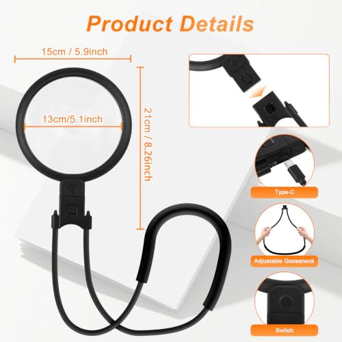 6X Hands Free Magnifying Glass with Light for Close Work, Neck Magnifier