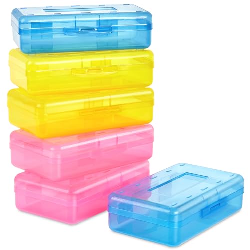 Sooez Plastic Pencil Case Box 6 Pack, Colored Large Craft Storage Bulk - color: Bright Colors