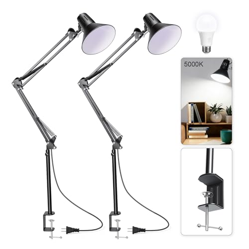 Black Desk Lamp with Clamp, Extra-Tall Adjustable Metal Swing Arm, 2 Pack - color: Black, size: 2pack5000K Natural Daylight-Extra Long Swing Arm