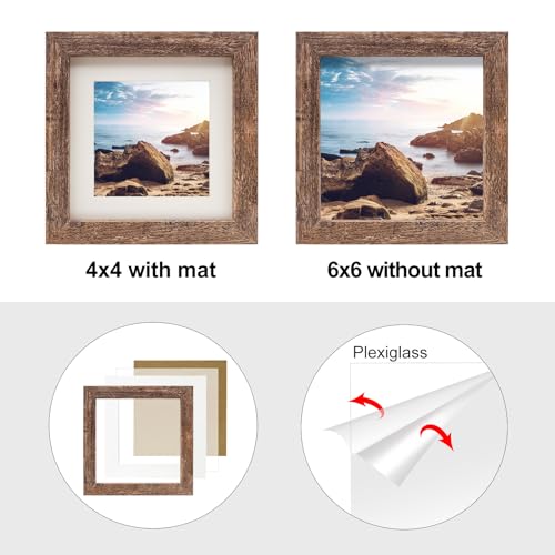 6x6 Picture Frames Set of 2, Square Rustic Wood Grain Photo Frame for Tabletop or Wall Mounting Display - size: 6X6(2pcs)