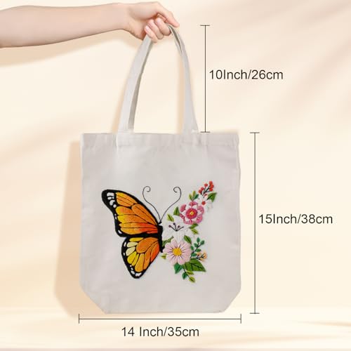 Louise Maelys Embroidery Kit Canvas Tote Bag for Beginners with Butterfly - color: butterfly flower