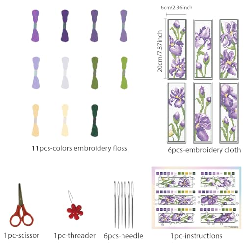 FREEBLOSS 6 Set Iris Cross Stitch Bookmark Kits Hand Embroidery Kit for Beginners Counted Cross Stitch Kit DIY Bookmark Kit Full Cross Stitch Embroidery Kit for Women Hobby 22 * 8cm - style: Iris
