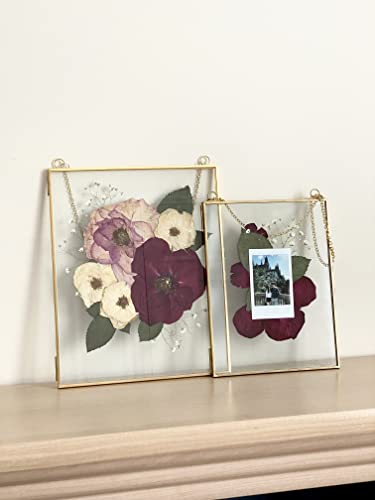 Glass Frame for Pressed Flowers, Leaf and Artwork - Hanging Square Metal Picture Frames, Clear Double Glass Floating Frame, Wall Decor Photo Display, Set of 2 Flower Press Frames with Chain (Gold, 10x10) - color: Gold, size: 10x10