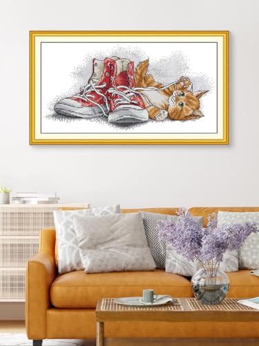 Aiorkeng Cross Stitch Kits Stamped Full Range of Embroidery Starter Kits for Adults Beginners DIY 11CT 3 Strands -Printed kit Yellow Cat Playing with Shoelaces(Printed) 20.1×10.6 inches - color: Yellow cat playing with shoelaces51×27CM