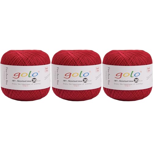 golo 3 Balls Crochet Thread Size 30 Embroidery Thread Yarn for Hand Kniting Yarn for Tatting 756 - color: 000-756 Red