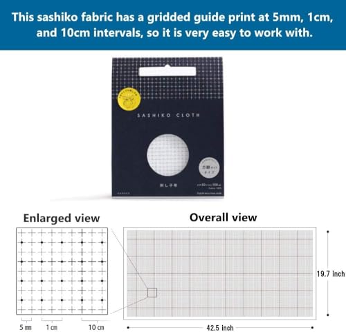 Sashiko kit, Daruma Sashiko Thread, Needles and Cotton Fabric with Grid Line Print, Marking Pencil, Thimblem and Traditional Design Sewing Set (Navy Blue Thread/White Fabric) - style: Navy Blue Thread / White Fabric