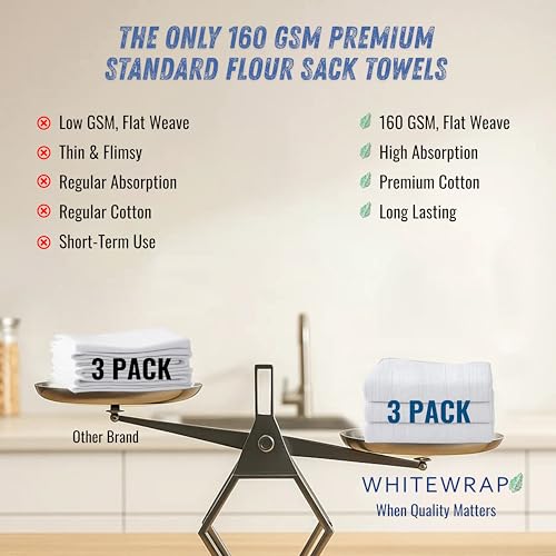 WHITEWRAP Flour Sack Towels 18x28 – 100% Cotton (Pack of 3), Reusable Kitchen Tea Towels for Baking, Crafts, Embroidery Ideas - color: White, size: 18"x28"- Pack of 3