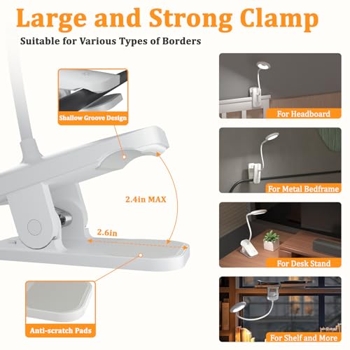 Rechargeable Clamp Light, LED Bed Reading Lamp for Headboard Desk - color: White