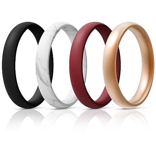 Egnaro Women's Silicone Wedding Ring 2.5mm Wide 1.8mm Thick Rubber Band Set - color: SETN-Black,Marble,Maroon,Rose Gold