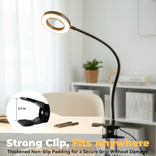 LALISU Clip on Lamp, 5X Magnifying Glass with Light LED Desk Clip Lamps - color: Black with magnifying