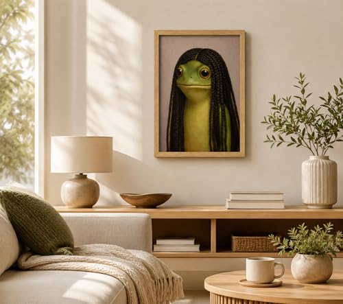 Whimsical Frog Wall Art Funny Braids Frog Framed Picture for Bathroom Decor - color: Frog Braids, size: 10"L x 8"W