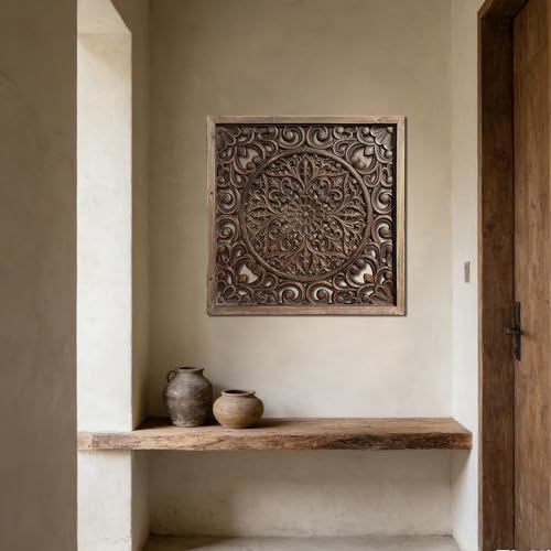 XIAOAIKA Boho Carved Wood Wall Art Panel, Floral Mandala, Distressed Brown - color: Brown