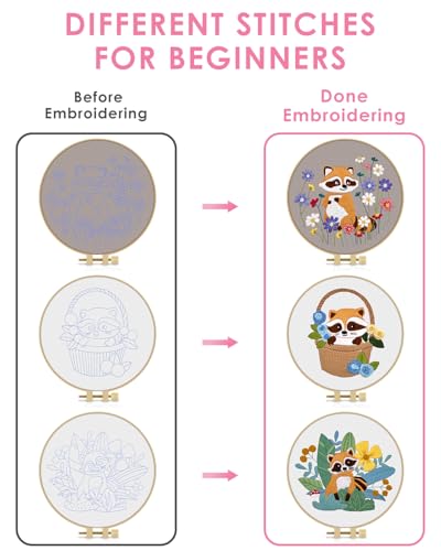 TINDTOP 3 Pack Embroidery Kit for Adult Beginners, Embroidery DIY Starter Kit, with Raccoon Stamped Patterns, Hoop, Tools, Colorful Threads with Needles, Instructions - color: Raccoon