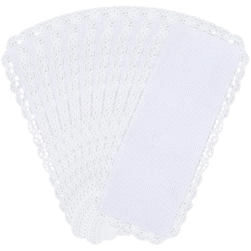 1 Box 10Pcs Cross Stitch Blank Bookmarks Embroidery Needlework Fabric 8 Inch Lace Edge Rectangle White Reading Linen Bookmark Felt Backing for Readers Beginners Crosstitch DIY Craft Supply