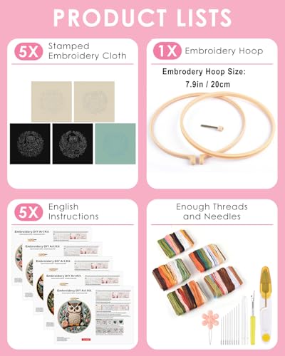 TINDTOP 5 Pack Embroidery Kit for Adult, Embroidery DIY Starter Kit, with Stamped Patterns, Hoop, Tools, Colorful Threads with Needles, Instructions - color: Owl