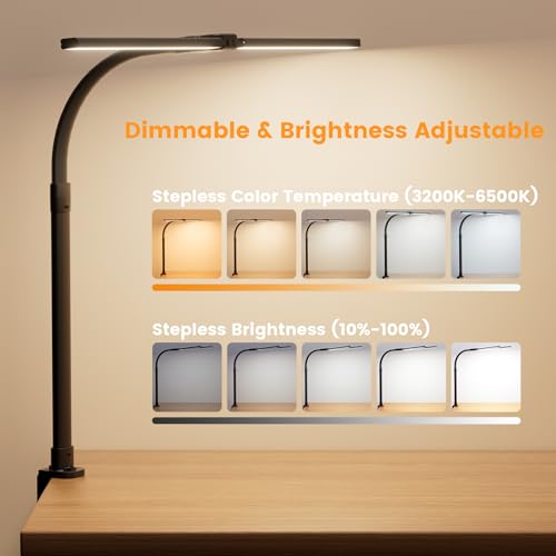 LED Desk Lamp for Home Office, 24W Computer Desk Light with Remote Control, Bright Table Lamp with Clamp Dimmable Tall Desktop Lighting with Bendable Gooseneck, Double Head, Black - color: Black with Clamp