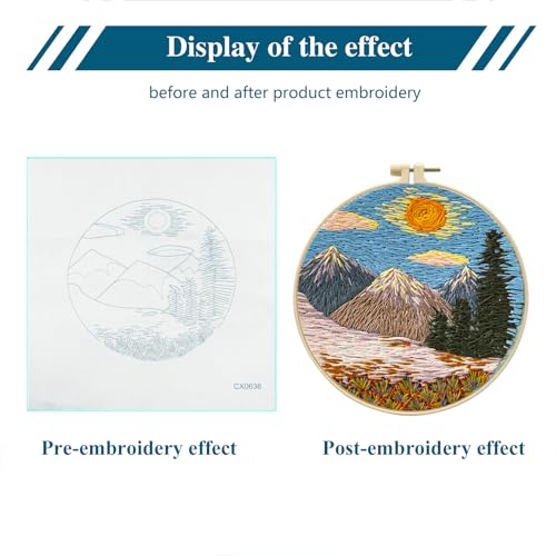 Zhenqing Mountain Sunrise Embroidery Kit for Beginners, Landscape Needlework Kit with Pre-Printed Fabric, Hoop, Threads & Tools, Cabin Wall Decor (S-CX0636) - color: Mountain Sunrise