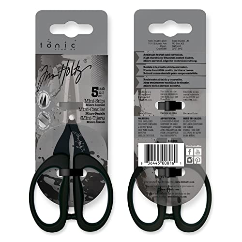 Tim Holtz Small Scissors - 5 Inch Mini Snips with Micro Serrated Blade - Craft Tool for Cutting Paper, Fabric, and Sewing - Titanium with Black Comfort Grip Handles - size: 5" Right Handed