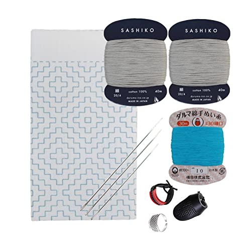 DARUMA Hitomezashi Sashiko Kit – Premium Japanese Made Needle and Thread Kit with Sashiko Fukin, Thread, Needles, Thimble – Ready to Use Set (Persimmon Flower Pattern) - color: Persimmon Flower Pattern