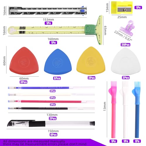 Swpeet 48Pcs Sewing Tools Kit, Tailors Chalk, Sewing Fabric Chalk, Sewing Fabric Pencils, 5-in-1 Sliding Gauge Measuring Sewing Ruler Tool, Heat Erasable Fabric Marking Pens with 4 Refills
