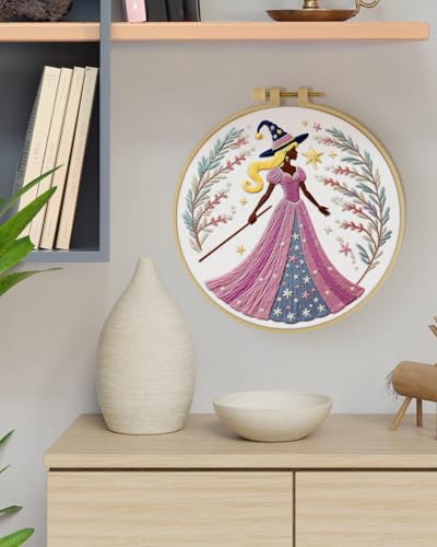 ERKOON Embroidery Kit for Beginners Adult, Cross Stitch Set Include Embroidery Cloth Hoops Threads for Craft Lover Hand Stitch with Embroidery Skill Techniques (Brown Witch) - color: Brown Witch