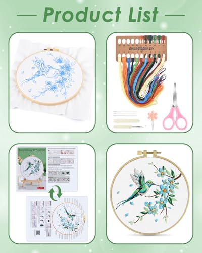 ERKOON Embroidery Kit for Beginners Adult, Hummingbird Embroidery Set - color: Green Hummingbird
