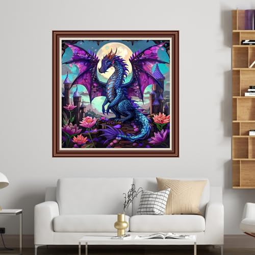 Dimensean Counted Cross Stitch Kit for Beginners, 11CT Unprinted Cross-Stitch Kit Easy Patterns Needlepoint Kit Cross Stitching Embroidery Kit Supplies-Moon Colored Dragon 18x18 inch - color: Patterns09