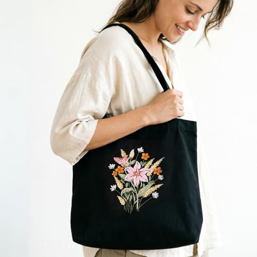 MAKHOT Canvas Tote Bag Embroidery Kit for Beginners,Cross Stitch Kits for Adults,Embroidery Bag Women(Black) - color: Black