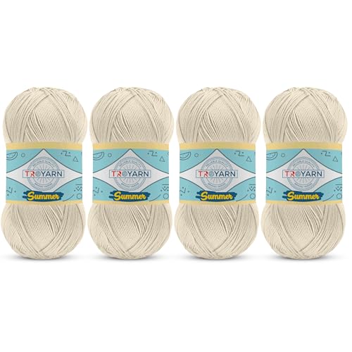 TROYARN Summer (4- Skeins Pack) Silk Effect Hand Knitting Yarn Crochet Art Lace Craft 100% Microfiber Acrylic 4x100 gr (4x383 yds) (105001 - Cream) - color: 105001 - Cream, size: 4 Skein