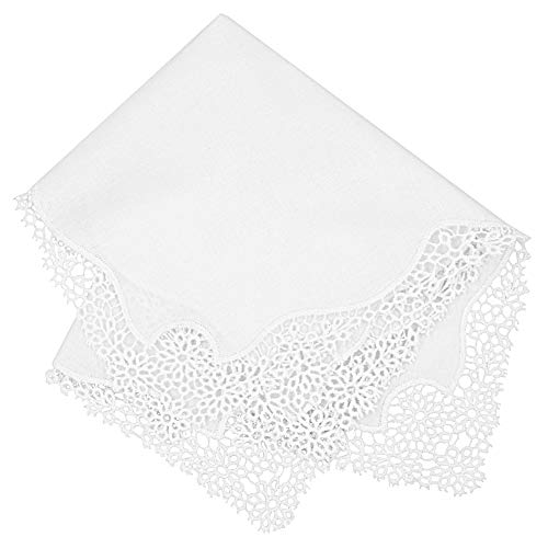 Milesky White Wedding Handkerchief Pure Cotton, Soft Ladies Hanky with Crochet Lace - color: Ch03
