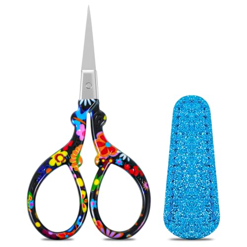 Crochet Scissors, Vintage Small Sewing Embroidery Scissors Sharp Crafting Threading with Leather Cover, Stainless Steel Black Flower Design Shears for Craft Art Work Manual Sewing Handicraft DIY Tool