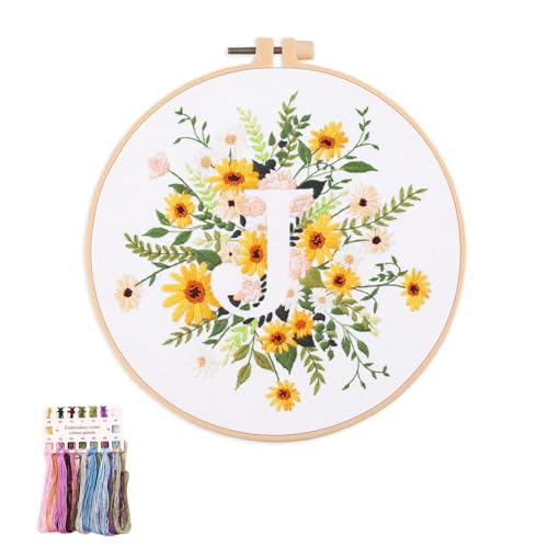 artcici Embroidery Kits Plant Flower Letter J Patterns for Beginners Adults, Full Range Embroidery Starter Kits Cross Stitch Needlework Supplies (Letter J) - color: Letter J