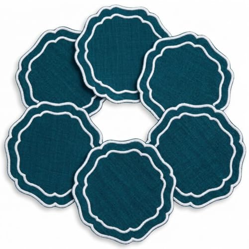 Linen Coasters for Drinks Set of 6, Peacock - color: 1122 - Peacock, size: 6 inches