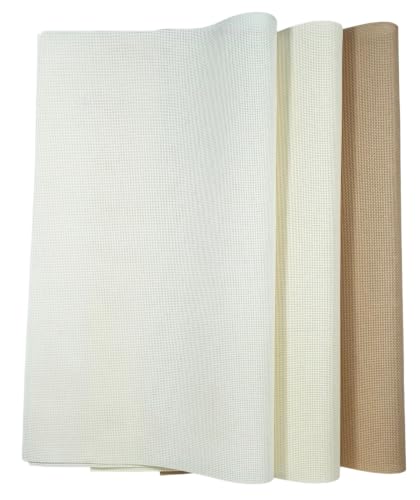 KCS 3 pc of 15" x 18"(38cmx45cm) 18 Count Cross Stitch Cotton Aida Cloth Needlework Rolled Fabric Box,18CT,Antique White +Cream+Khaki - color: Antique White +Cream+khaki, size: 18CT