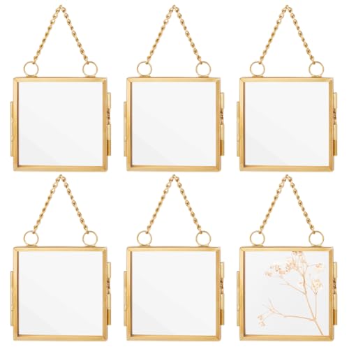OLYCRAFT 6Pcs 2.1x2.1 Inch Gold Mini Glass Hanging Frame with Chain - size: 2.1x2.1 Inch